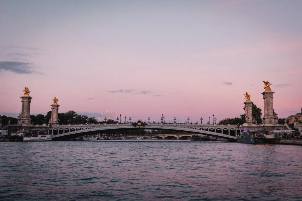 Pont Alexandre III from Seine river cruise, sunset