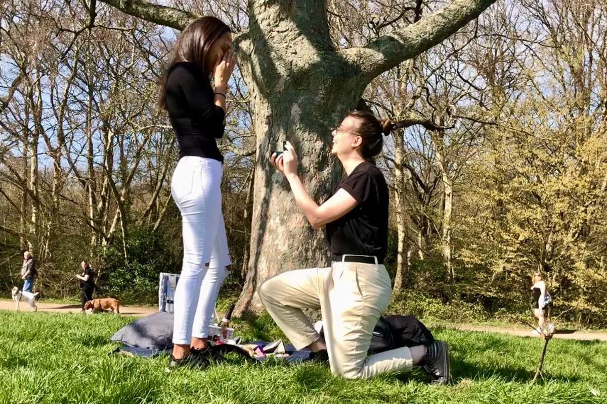 Surprise picnic proposal ring pop lesbian couple Alexa and Maria