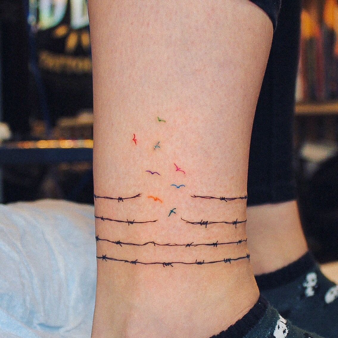 Freedom rainbow tattoo birds barbed wire