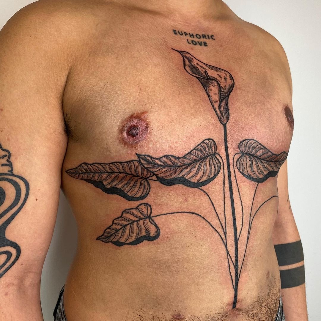 Top surgery tattoo by Addy Engeman aka stabsnscabs